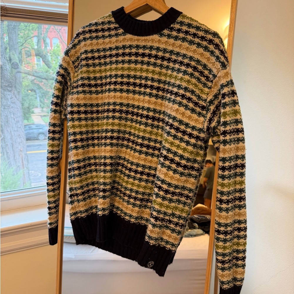 Men's Striped Crewneck Sweater in Blues, Olive & Cream